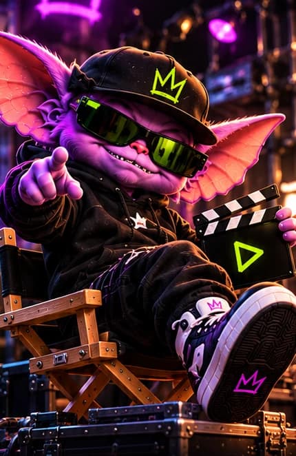 NoCam Club mascot in a director's chair